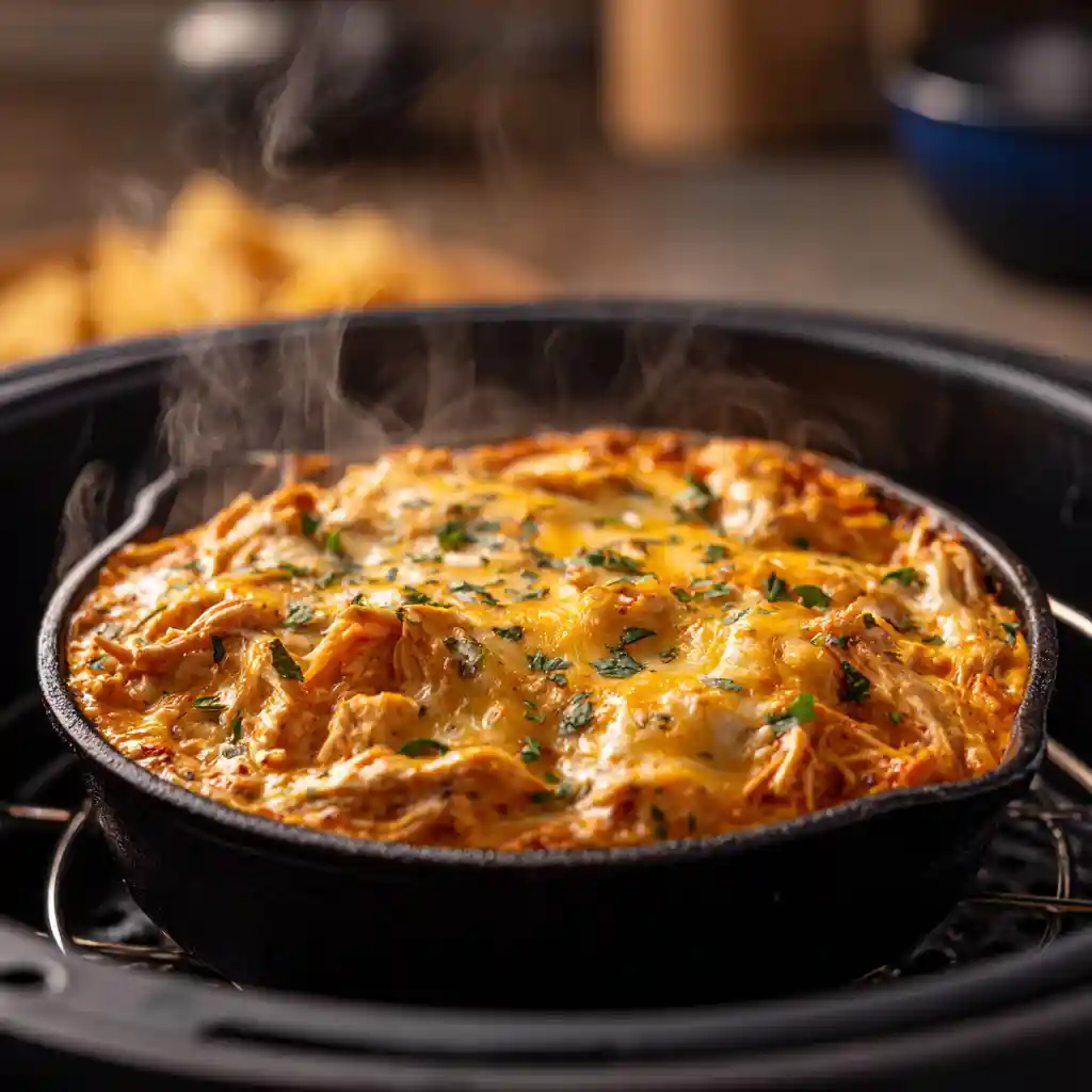 Cast iron dish of air-fried buffalo chicken dip with crispy cheese top