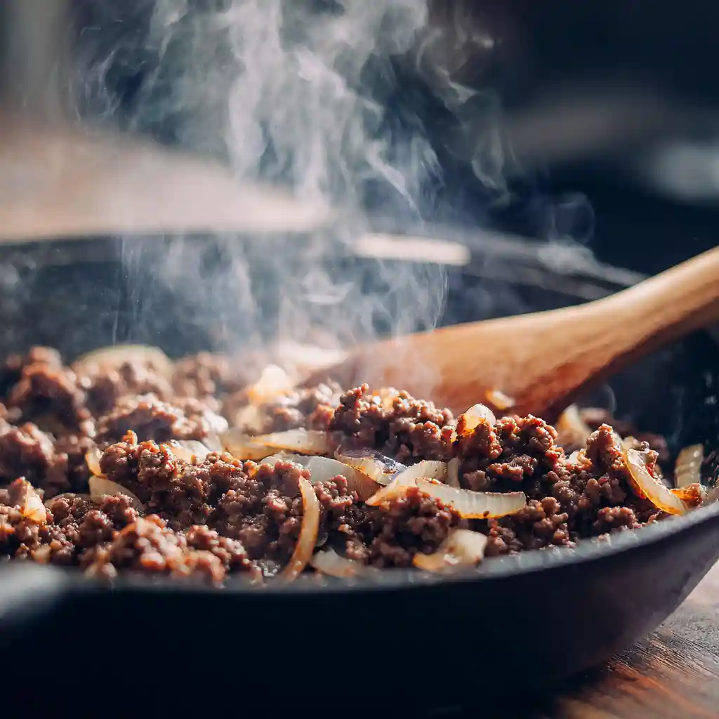 Ground beef and onions browning in a skillet.