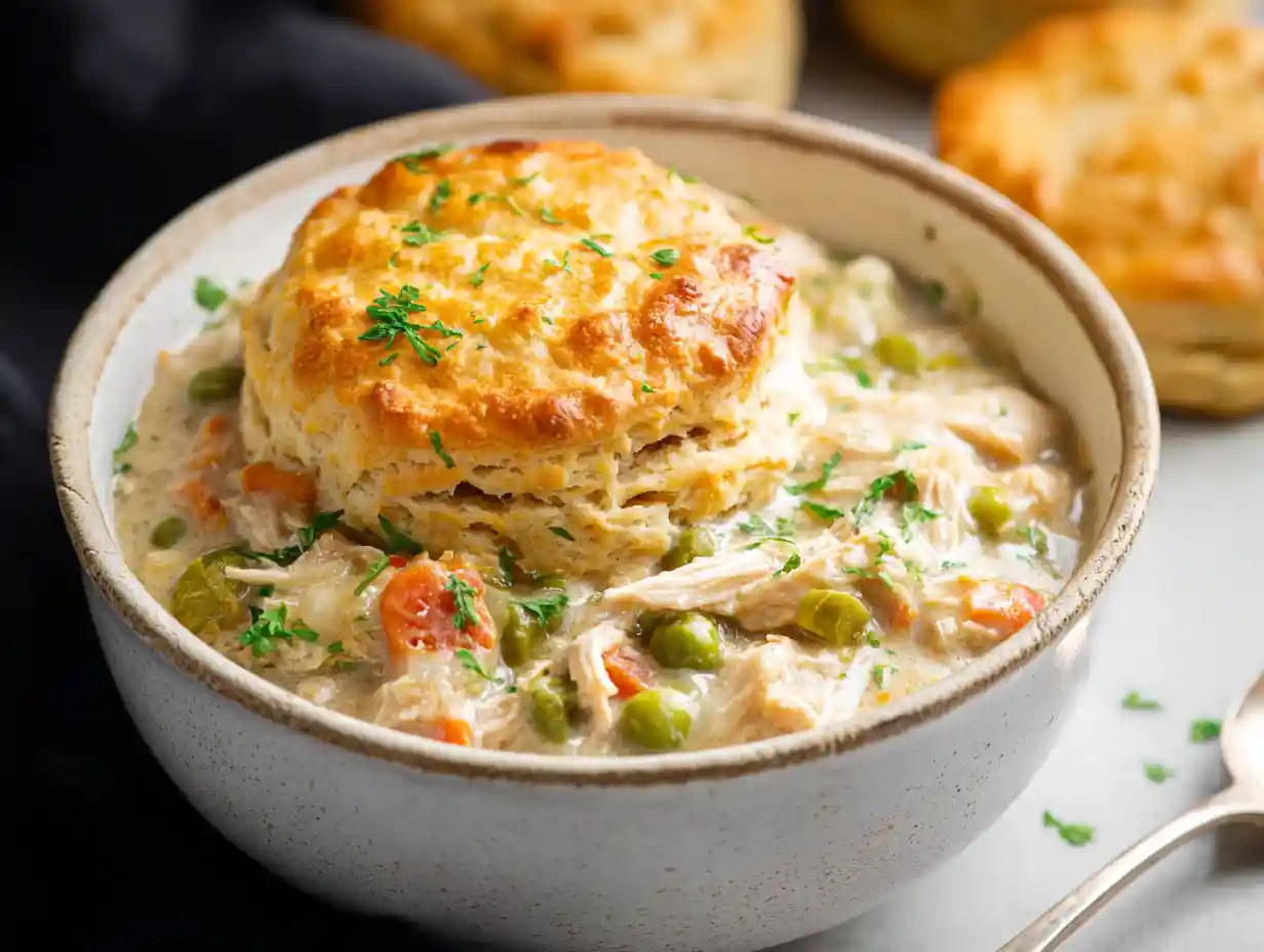 Creamy chicken pot pie in a rustic bowl with golden biscuit topping