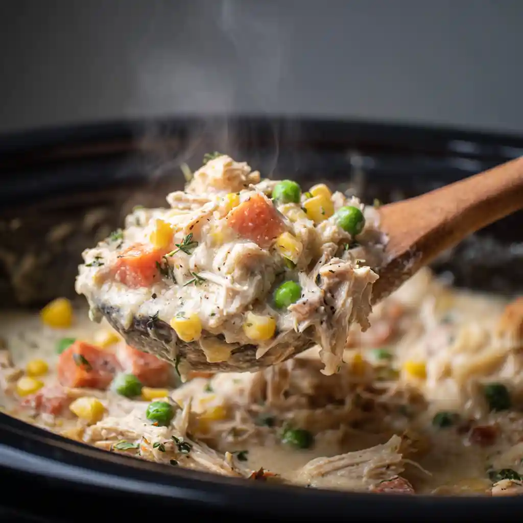 Close-up of a wooden spoon lifting creamy slow cooker chicken pot pie with vegetables