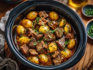 Crockpot garlic butter beef bites and potatoes