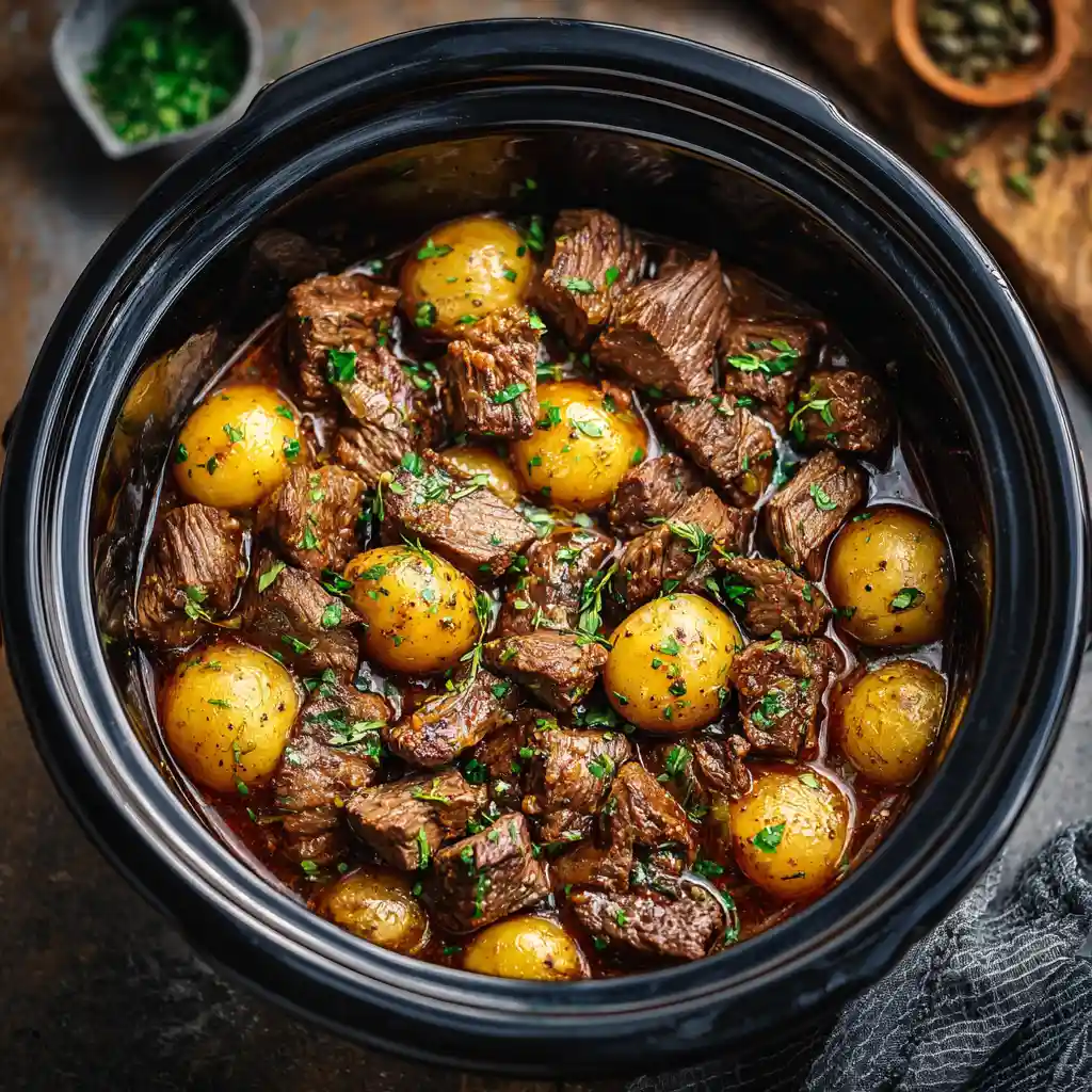 crockpot garlic butter beef bites and potatoes