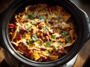 Cheesy crockpot taco casserole in a slow cooker.