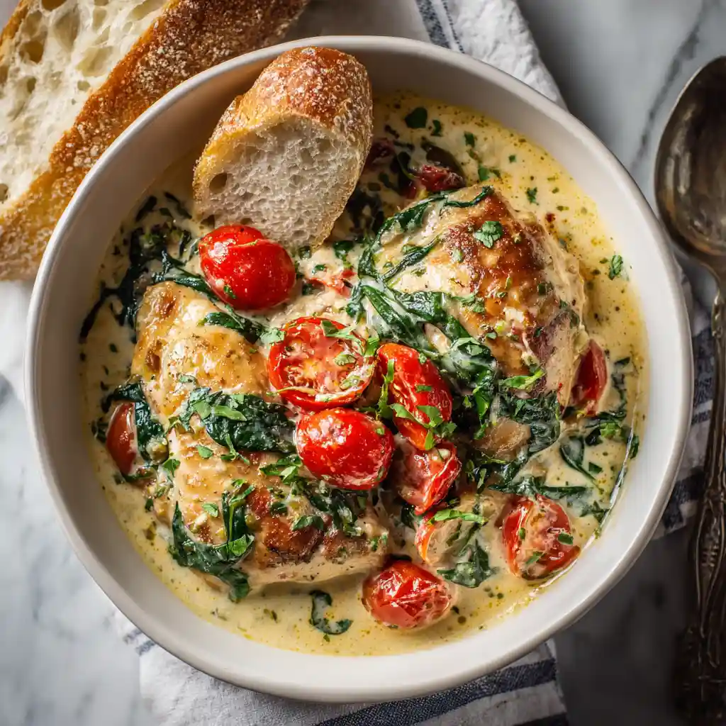 Crockpot Tuscan Garlic Chicken with Spinach & Cherry Tomatoes