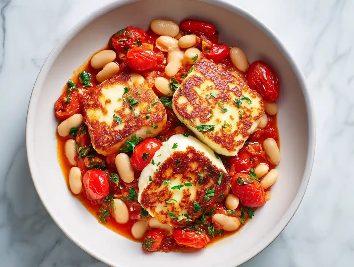 rispy halloumi with tomatoes and white beans