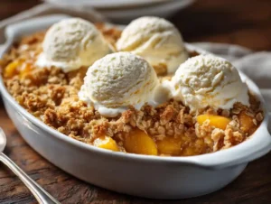 Warm peach crisp topped with melting vanilla ice cream scoops in a white baking dish