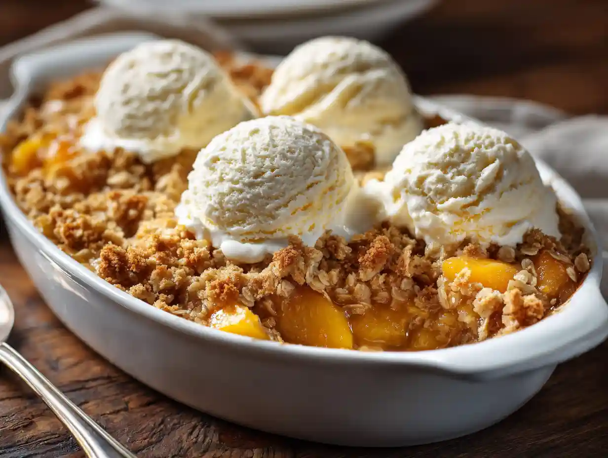 Warm peach crisp topped with melting vanilla ice cream scoops in a white baking dish