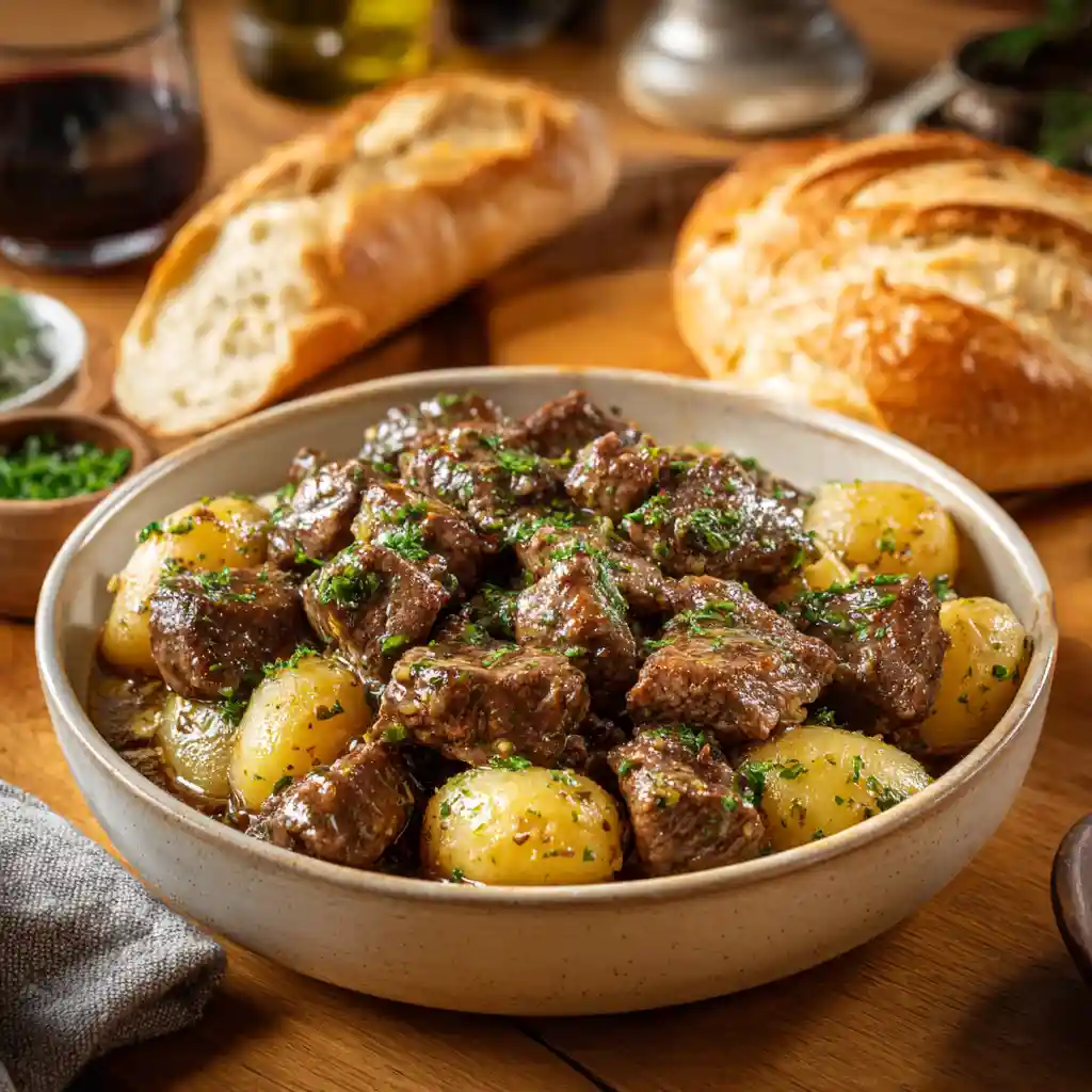 eef bites and potatoes in a bowl with garlic butter sauce.