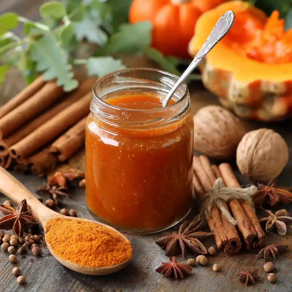 Homemade pumpkin spice syrup in a jar with spices.