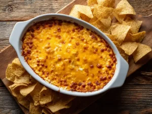 Oven-baked buffalo chicken dip topped with golden melted cheese