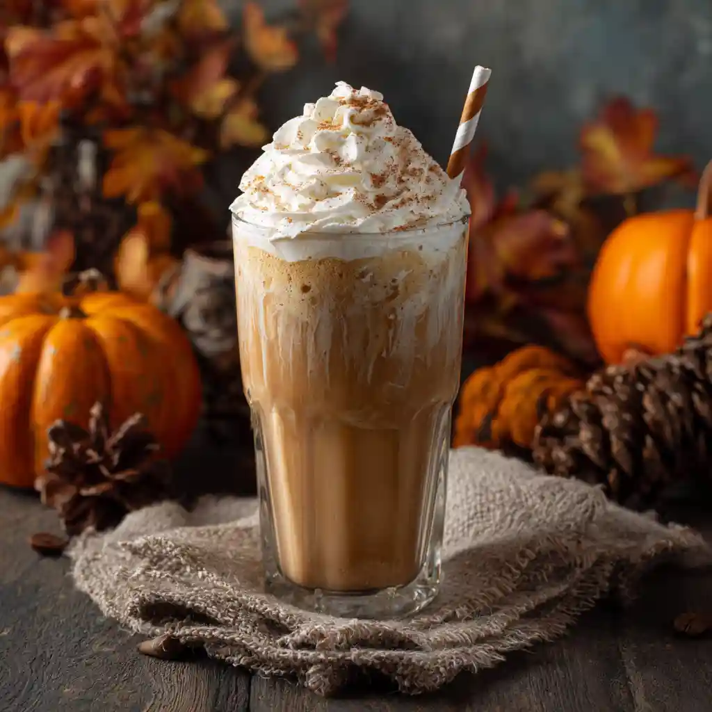 Iced pumpkin spice latte in a tall glass with whipped cream.