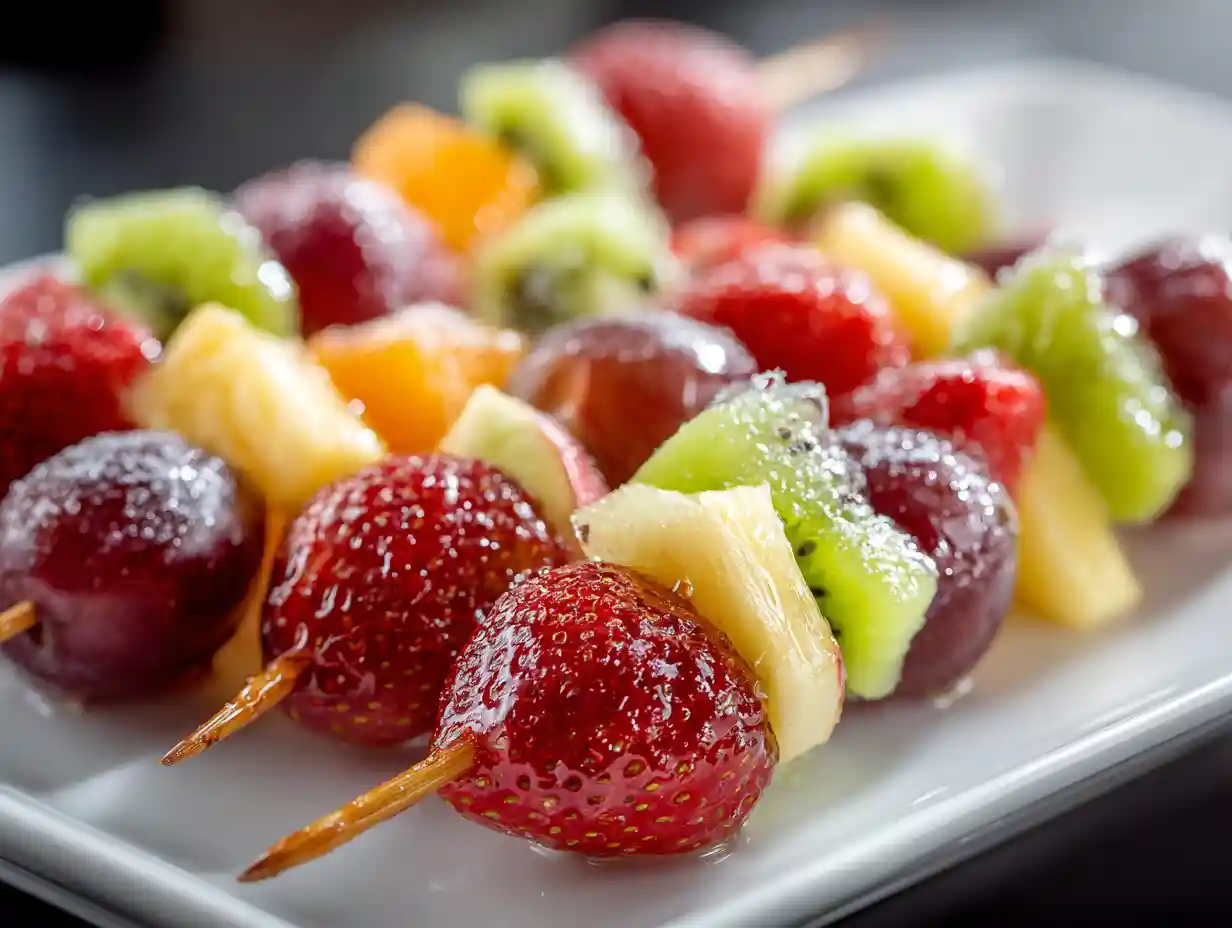 Rainbow Candied Fruit Skewers on White Plate