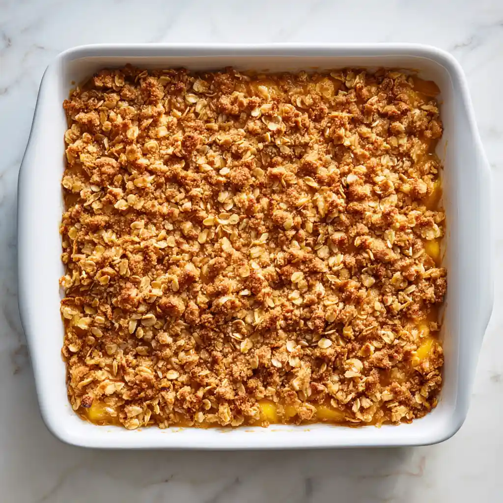 Baked fresh peach crisp in a white baking dish with golden oat topping