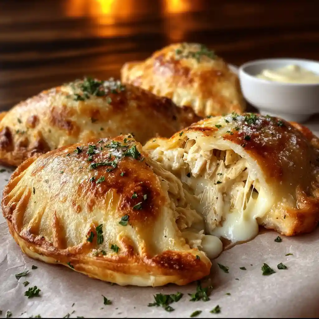Crispy Cheesy Chicken Alfredo Calzones